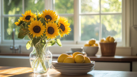 A bright kitchen table with a clear vase filled with sunflowers, a stack of plates, and a bowl of fresh lemons, creating a cheerful vibe.の素材