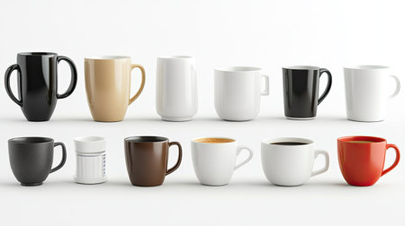 A collection of different types of coffee mugs and cups in various shapes and sizes, all empty and arranged on a white background.の素材