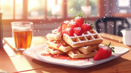 A cozy breakfast scene with a stack of waffles topped with fresh strawberries, powdered sugar, and a side of maple syrup.の素材