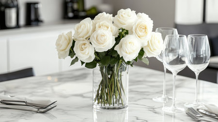 A contemporary kitchen table with a marble surface, a vase of fresh white roses, and neatly arranged cutlery for a formal dinner.の素材