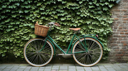 A green bicycle leaning against an ivy-covered brick wall, with a wicker basket attached to the front for a vintage feel.の素材