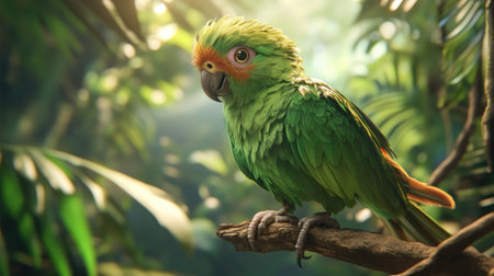 A vibrant green parrot perched on a branch, with its feathers ruffled and eyes bright, against a blurred jungle backdrop.の素材