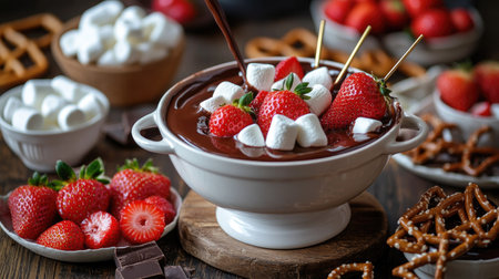 A whimsical chocolate fondue set with strawberries, marshmallows, and pretzels ready for dipping. The perfect indulgence for a cozy gathering.の素材