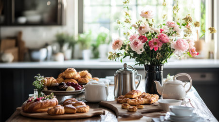 A kitchen table set with an assortment of pastries, a pot of coffee, and fresh flowers in a vase, creating a welcoming brunch setup.の素材