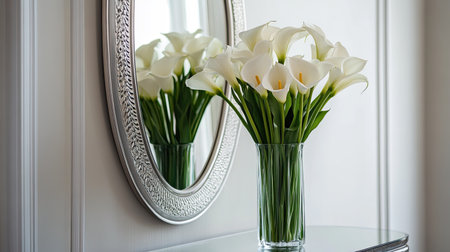 A simple, elegant arrangement of calla lilies in a tall glass vase, set on a console table with a mirror reflecting the soft light.の素材
