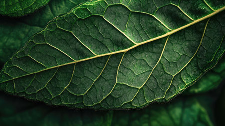 A close-up of a vibrant green leaf with intricate veins, showcasing the natural patterns and textures in great detail.の素材