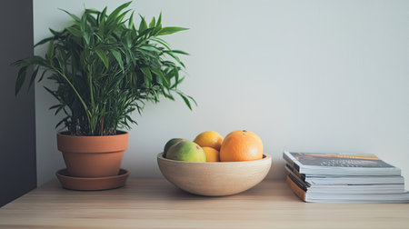 A modern kitchen table with a minimalist setting, featuring a fruit bowl, a potted plant, and a stack of magazines on a light wooden surface.の素材