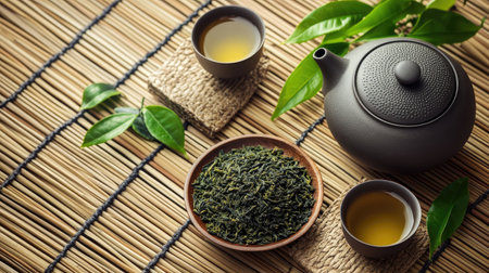 A top-down view of a green tea set with a teapot, cups, and fresh green tea leaves arranged neatly on a bamboo mat.の素材
