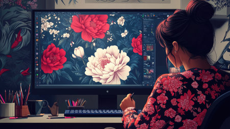 A digital illustrator using vector software to refine intricate design details on a large, high-resolution monitor, with design tools open on the screen.の素材