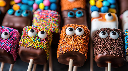 A whimsical assortment of chocolate-covered marshmallows on sticks, decorated with colorful sprinkles and candy eyes, arranged in a fun pattern.の素材