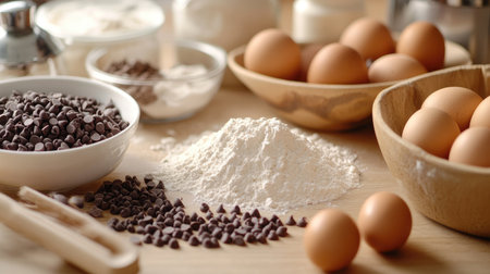A kitchen table filled with various baking ingredients, including flour, eggs, sugar, and chocolate chips, prepared for a baking day.の素材