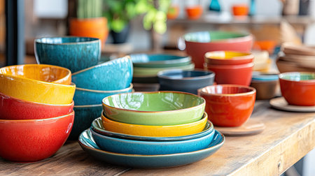 A kitchen table with an assortment of colorful ceramic bowls and plates, showcasing a vibrant tableware collection.の素材