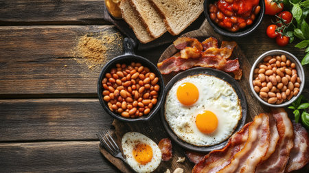 A delicious spread of a traditional English breakfast with eggs, sausages, bacon, baked beans, and toast on a rustic wooden table.の素材