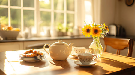 A sunny kitchen table with a teapot, a stack of teacups, and a plate of cookies, creating a cozy afternoon tea setup.の素材