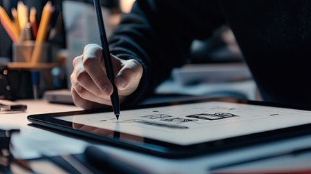 A close-up of a graphic designer using a stylus to adjust a logo design on a digital tablet, with a clean workspace filled with design materials.の素材