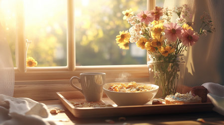 A sunny morning scene with a breakfast tray holding a bowl of cereal, a cup of coffee, and a vase of fresh flowers.の素材