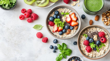 A wholesome breakfast table with bowls of oatmeal topped with fresh fruits, nuts, and seeds, along with green smoothies and herbal tea.の素材