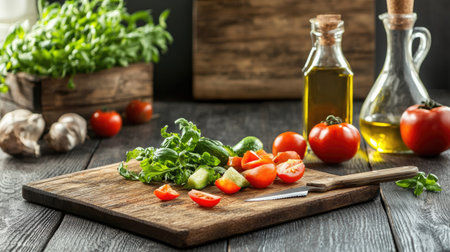 A rustic kitchen table with a cutting board, freshly chopped vegetables, a knife, and a bottle of olive oil, ready for cooking.の素材