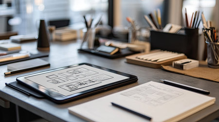 A clean, minimalist workspace with a tablet, stylus, and open notebook with typography sketches, showing a designers process of idea development.の素材