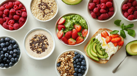 A variety of healthy breakfast options, including smoothie bowls, oatmeal, fresh berries, and avocado toast, set on a bright kitchen counter.の素材