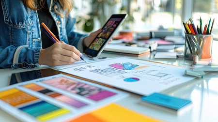 A designers desk with colorful sketches, open Pantone swatches, and a tablet displaying the early stages of a logo design, hinting at a creative process.の素材