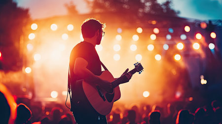 A guitarist playing an acoustic set at an outdoor festival, with a crowd watching and vibrant stage lights illuminating the performer.の素材