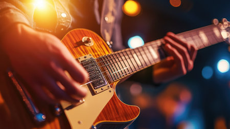 A close-up of an electric guitar's strings and fretboard, with a musician's hand in focus playing a fast solo, and stage lights in the background.の素材
