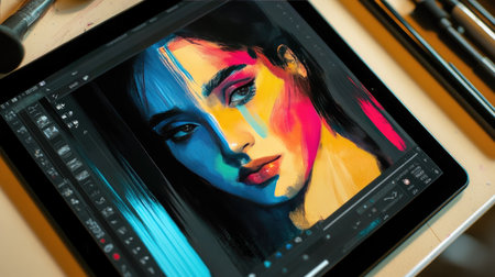 A digital art board filled with layers, brush tools, and a vibrant illustration in progress, displayed on a tablet with a stylus nearby.の素材