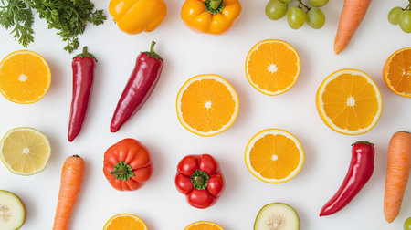 A top-down view of a colorful array of fruits and vegetables, including bell peppers, carrots, grapes, and citrus fruits, arranged on a white background.の素材