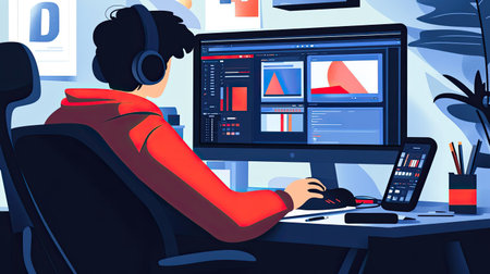 A designer refining a vector graphic on a computer, with various layers and design tools visible, showcasing the technical side of graphic design.の素材