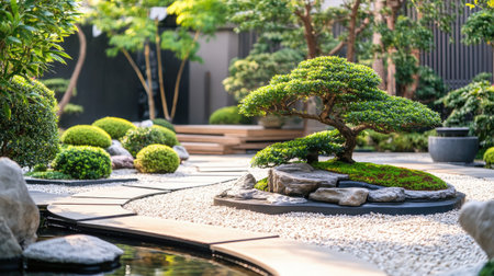 A serene zen garden with green bonsai trees, smooth stones, and a small pond, evoking tranquility and peace.の素材