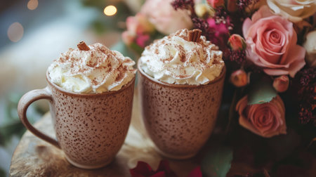 A romantic setup with two mugs of hot chocolate, topped with whipped cream and a sprinkle of cinnamon, beside a bouquet of roses. Cozy and lovely.の素材