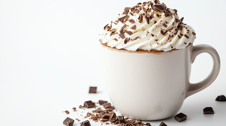 A white coffee mug with frothy hot chocolate topped with whipped cream and chocolate shavings, set against a plain white background.の素材