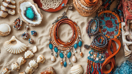 A bohemian jewelry collage with leather chokers, beaded anklets, and shell earrings, displayed on a sandy beach backdrop.の素材