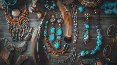 A boho jewelry flat lay featuring a variety of feather earrings, turquoise rings, and beaded necklaces, creatively arranged on a rustic wood surface.の素材