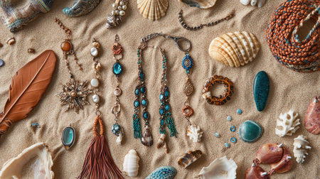 A bohemian jewelry collage with leather chokers, beaded anklets, and shell earrings, displayed on a sandy beach backdrop.の素材