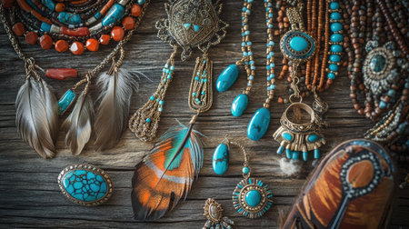 A boho jewelry flat lay featuring a variety of feather earrings, turquoise rings, and beaded necklaces, creatively arranged on a rustic wood surface.の素材