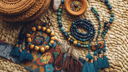 A boho-inspired flat lay of beaded bracelets, leather necklaces, and tassel earrings, creatively arranged on a woven textile background. --ar 16:9の素材
