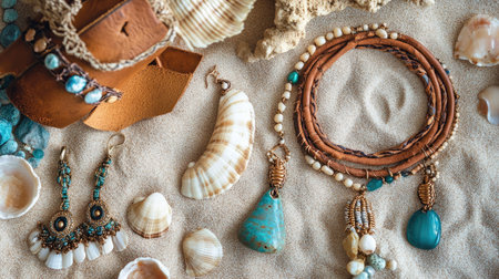 A bohemian jewelry collage with leather chokers, beaded anklets, and shell earrings, displayed on a sandy beach backdrop.の素材