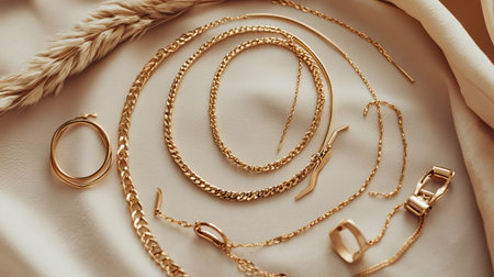 A chic collection of layered necklaces, gold hoops, and stackable rings arranged on a neutral background with minimalistic styling.の素材