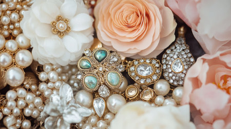 A chic collection of vintage brooches, elegant gold pendants, and pearl earrings, arranged with soft flowers for a feminine touch.の素材