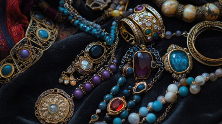 A close-up flat lay of colorful gemstone rings, intricate bangles, and charm necklaces, artfully arranged on a dark velvet cloth.の素材