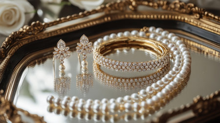 An elegant arrangement of diamond earrings, a pearl necklace, and gold bangles on a mirrored tray, with soft reflections and luxury vibes.の素材