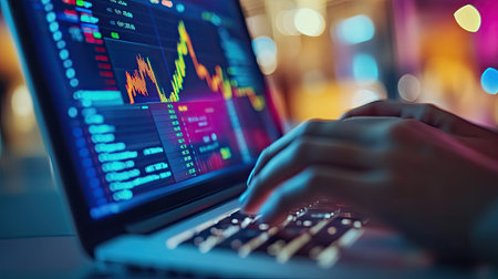 A close-up of hands typing on a laptop displaying financial software, with colorful graphs, stock charts, and analytics tools on the screen.の素材