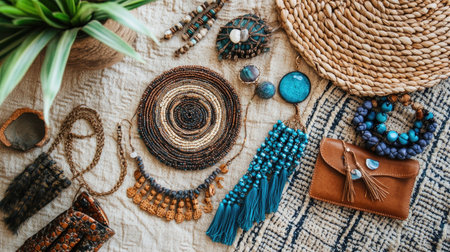A boho-inspired flat lay of beaded bracelets, leather necklaces, and tassel earrings, creatively arranged on a woven textile background. --ar 16:9の素材