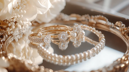 An elegant arrangement of diamond earrings, a pearl necklace, and gold bangles on a mirrored tray, with soft reflections and luxury vibes.の素材
