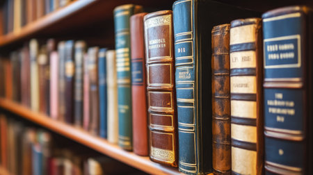 A close-up of a classic hardback book with gold lettering on the spine, sitting on a library shelf among other vintage books.の素材