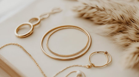A chic collection of layered necklaces, gold hoops, and stackable rings arranged on a neutral background with minimalistic styling.の素材