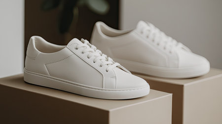 A display of minimalist white leather sneakers on a neutral background, perfect for showcasing a clean, modern design.の素材
