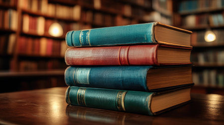 A close-up of a stack of books with colorful covers sitting on a library table, with bookshelves and soft lighting in the background.の素材